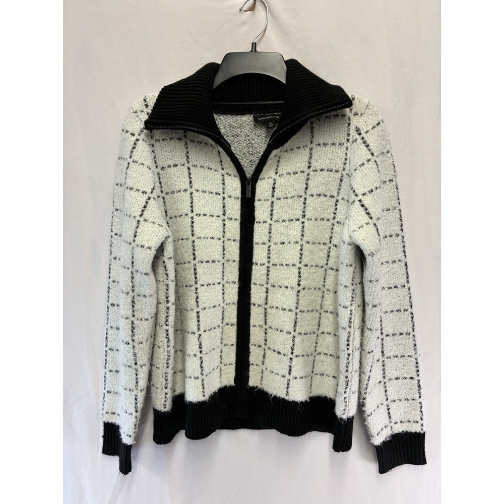 Caligraphie Zip Sweater S Black White Plaid Mock Neck Knit Cardigan